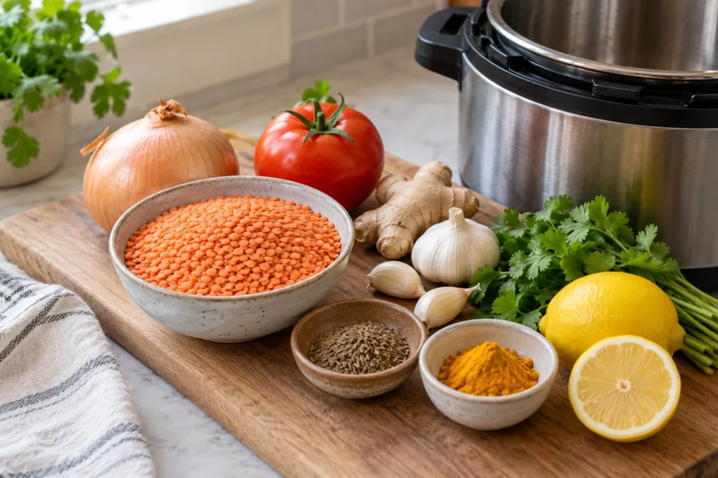 Red lentils, onion, tomato, ginger, garlic, cumin, turmeric, lemon, and cilantro laid out