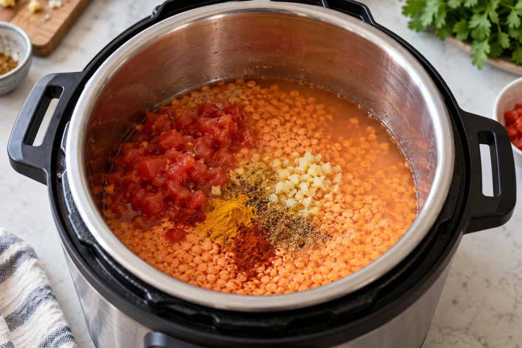 Red lentils, water, crushed tomatoes, and spices combined in the pressure-cooker insert