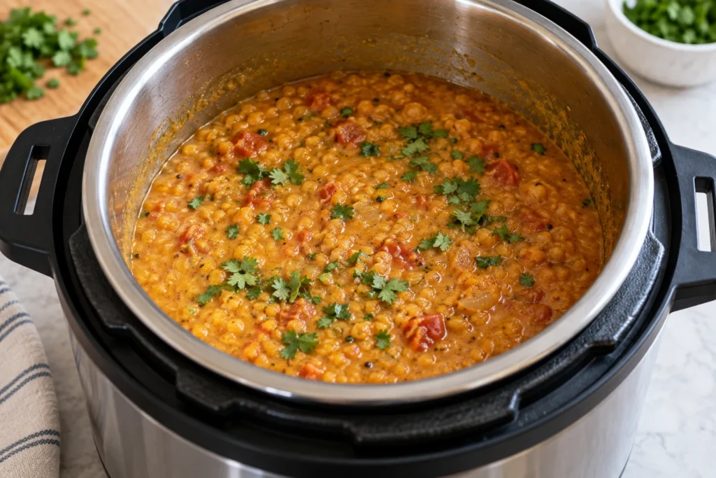 Creamy red lentil dal in the open pressure-cooker insert after safe pressure release