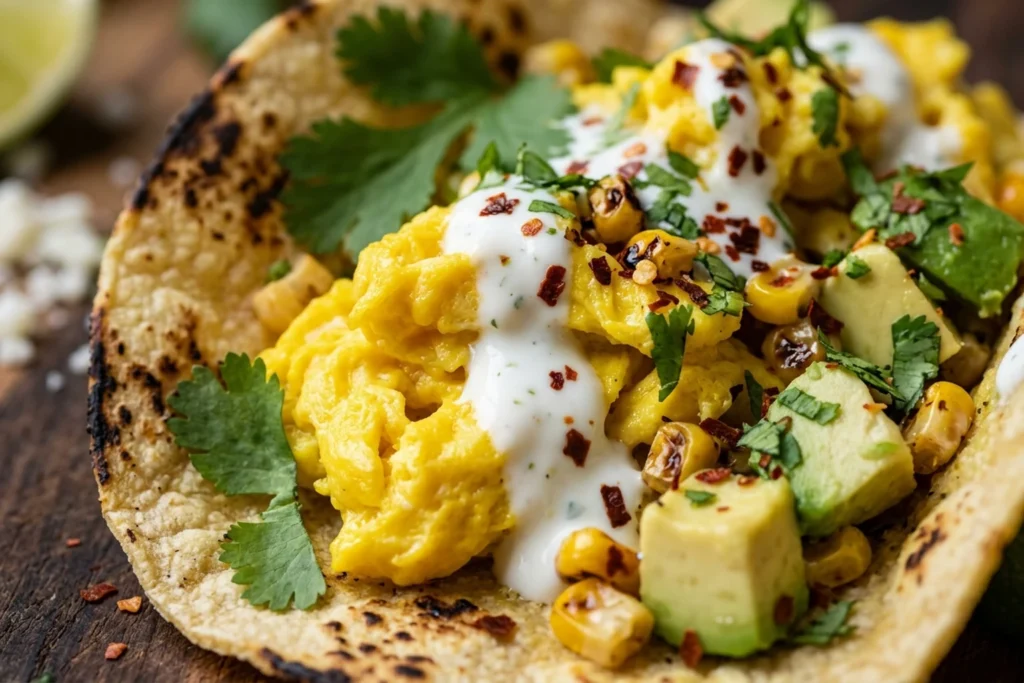 Extreme macro closeup of soft spiced eggs garnished with cilantro and white yogurt crema