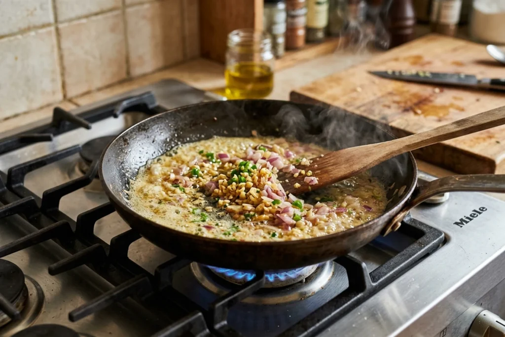Diced onions, garlic, and green chilies sautéing with foaming butter in a nonstick skillet