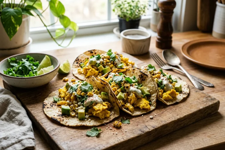 Four charred street corn breakfast tacos filled with turmeric-golden scrambled eggs, avocado cubes, cilantro, and lime crema