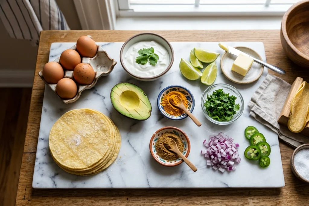 Raw ingredients including eggs, small corn tortillas, avocado, lime, Greek yogurt, butter, and spices on marble surface