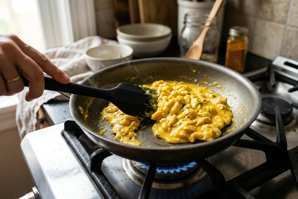 Golden turmeric eggs being gently pushed with a silicone spatula into soft, creamy curds