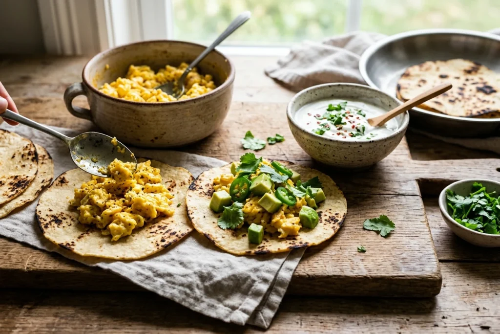 Assembling the breakfast tacos on a wooden cutting board with sliced avocado and lime wedges