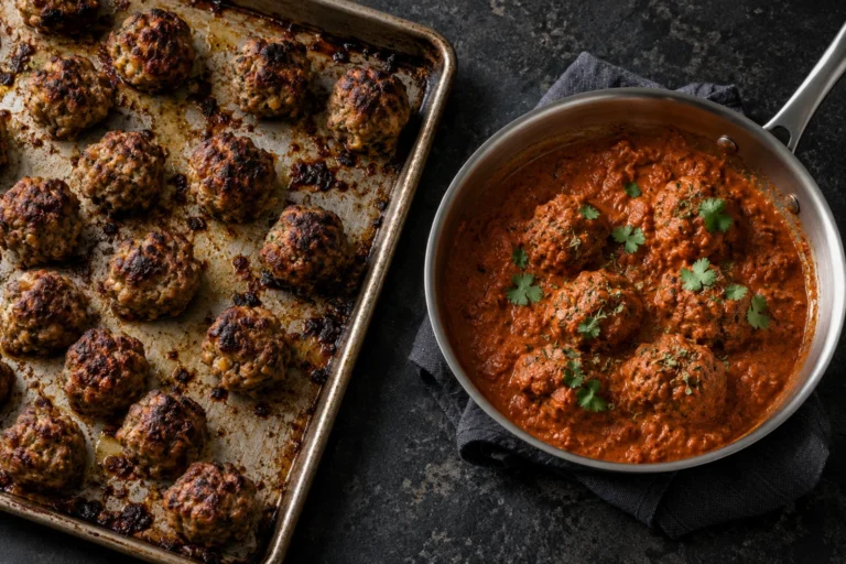 Roasted meatballs on a sheet pan beside thick tikka masala sauce