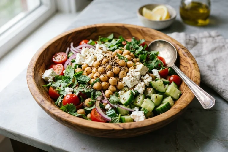 Vibrant Mediterranean-Indian chickpea salad with diced Persian cucumbers, cherry tomatoes, rustic block feta chunks, and fresh mint in a carved olive wood bowl on a marble counter