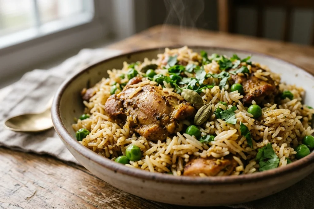 Macro close-up of fluffy separate basmati grains, tender chicken thigh piece, sweet green peas, and green cardamom pod