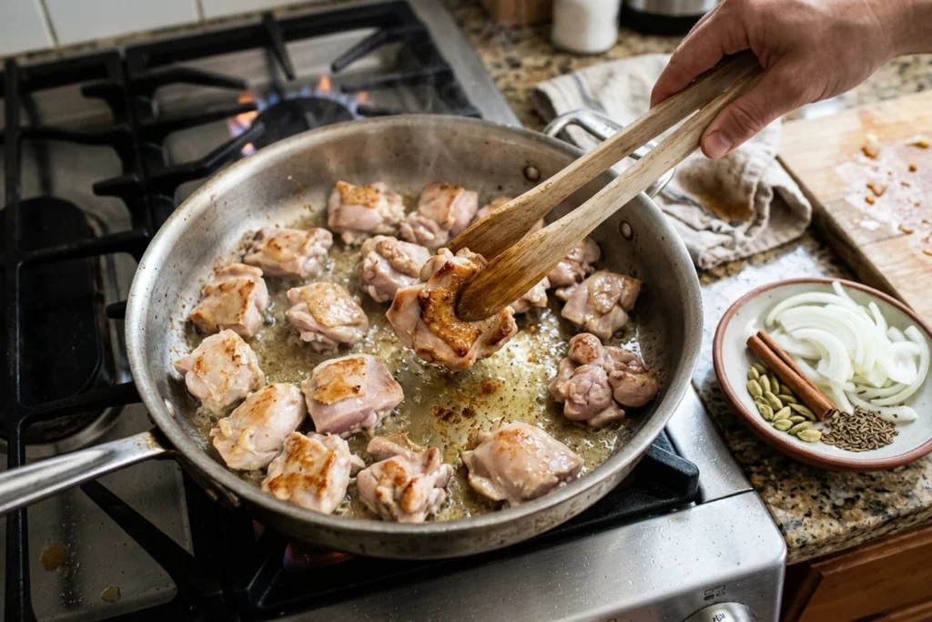 Boneless chicken thigh pieces searing with light golden edges in a stainless skillet with wooden tongs