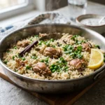 Fragrant chicken pulao in a stainless steel skillet with separate basmati grains, browned chicken thighs, peas, whole spices, and lemon