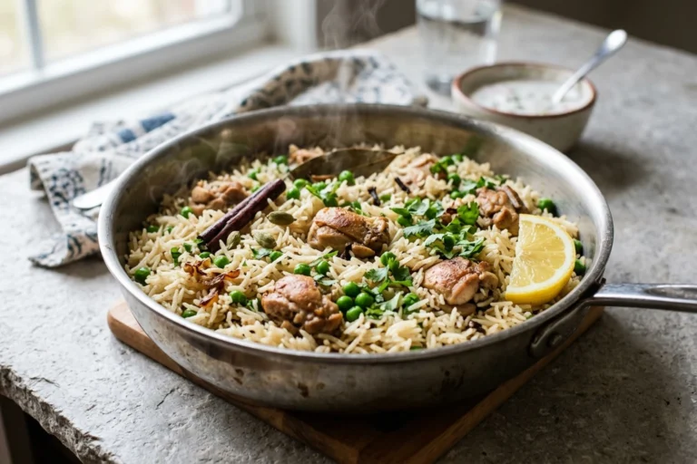 Fragrant chicken pulao in a stainless steel skillet with separate basmati grains, browned chicken thighs, peas, whole spices, and lemon