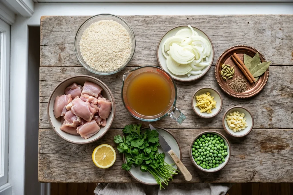 Ingredients for chicken pulao: basmati rice, chicken thighs, chicken broth, sliced onion, whole spices, ginger, garlic, peas, and cilantro