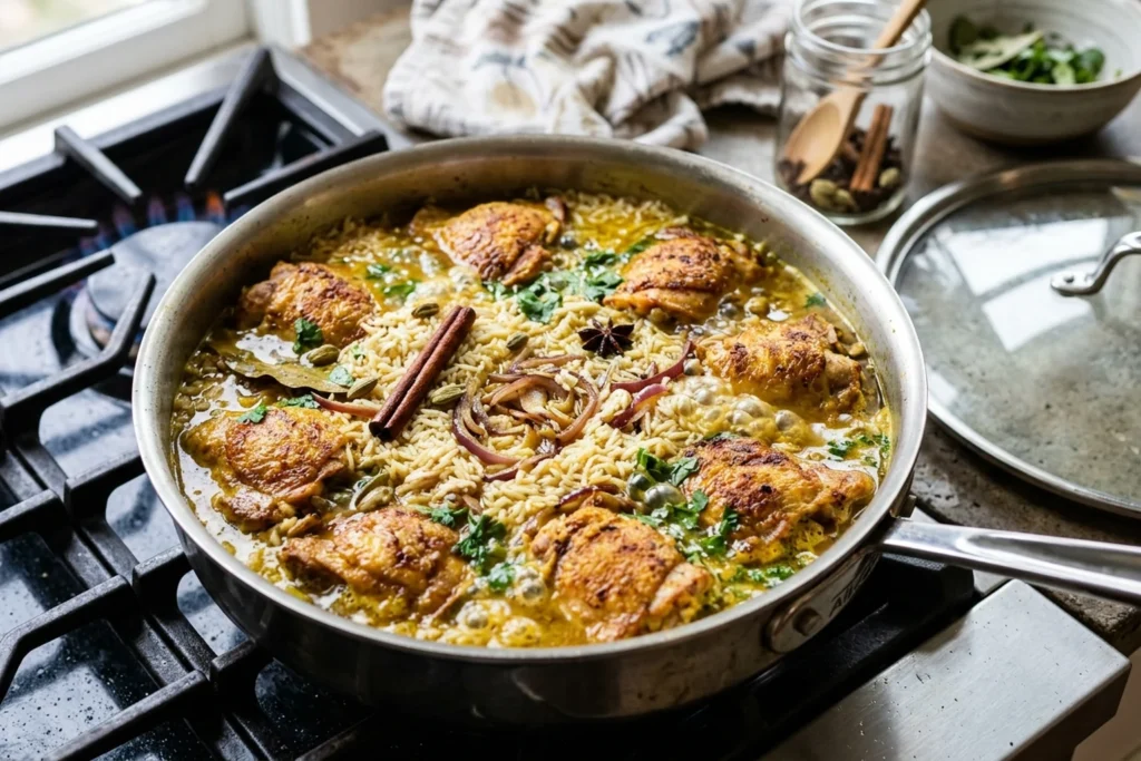 Drained basmati rice and seasoned chicken broth simmering with seared chicken thighs in the skillet before covering