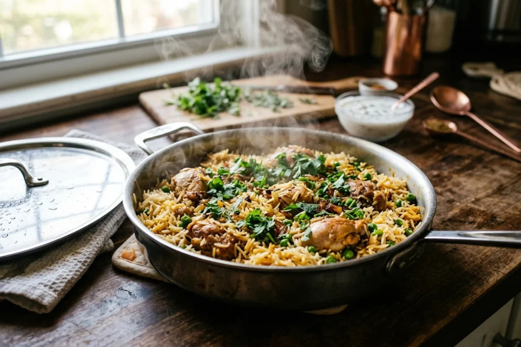 Finished chicken pulao in the skillet right after removing the tight lid with steam rising