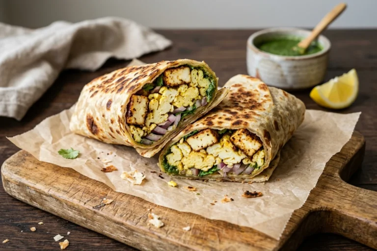 Spiced egg white and crumbled paneer wrap sliced on parchment paper showing tender curds and mint chutney