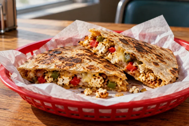 Paneer and pepper jack quesadilla wedges in a diner basket