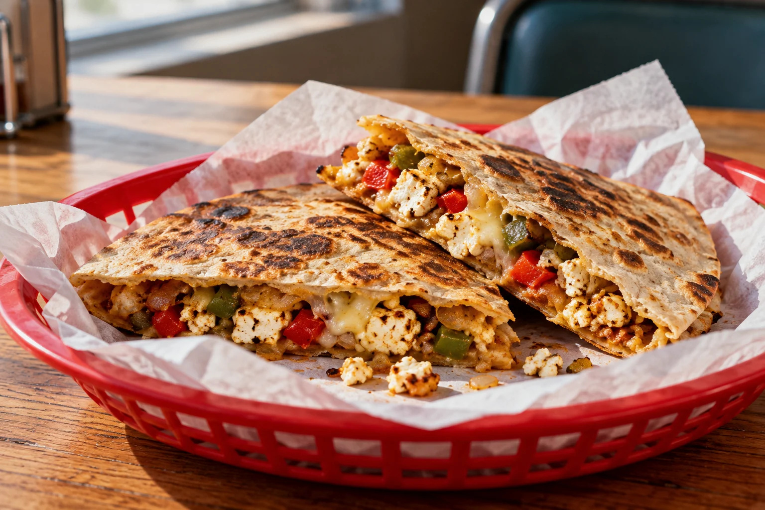 Paneer and pepper jack quesadilla wedges in a diner basket