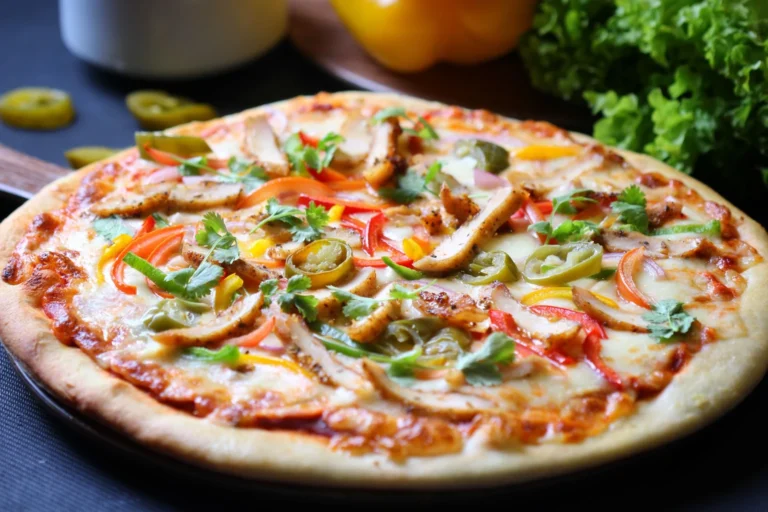 Tandoori chicken flatbread pizza with melted cheese and fresh cilantro