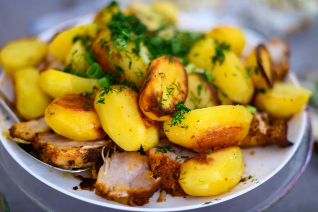 Crispy roasted smashed potatoes seasoned with chaat masala and herbs