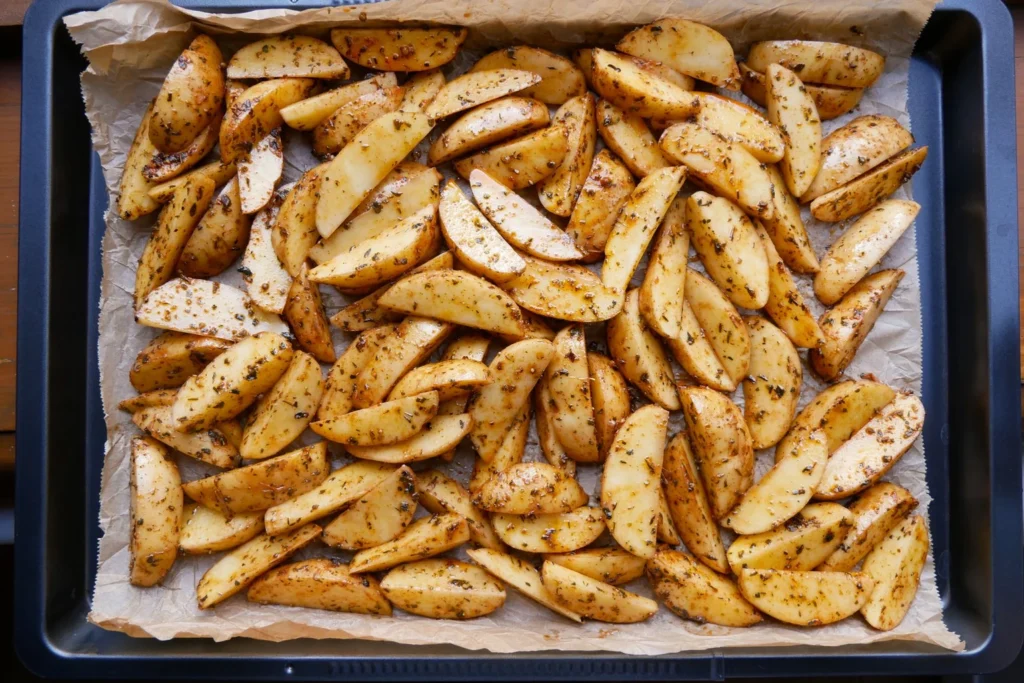Roasting smashed potatoes brushed with seasoned ghee until craggy and crisp
