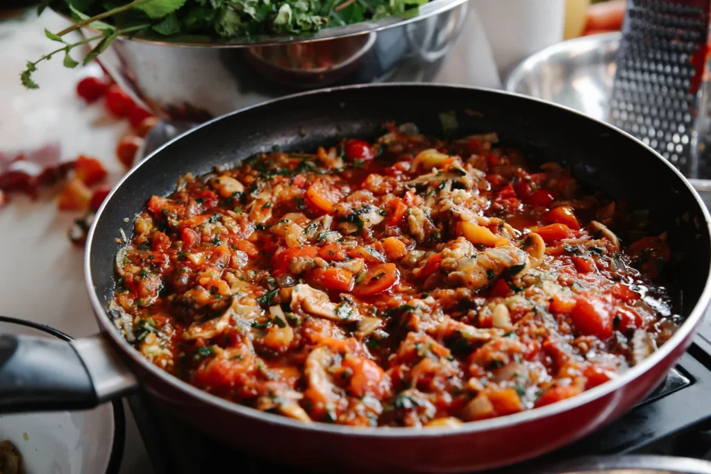 Simmering rich onion-tomato and cashew gravy in a deep skillet
