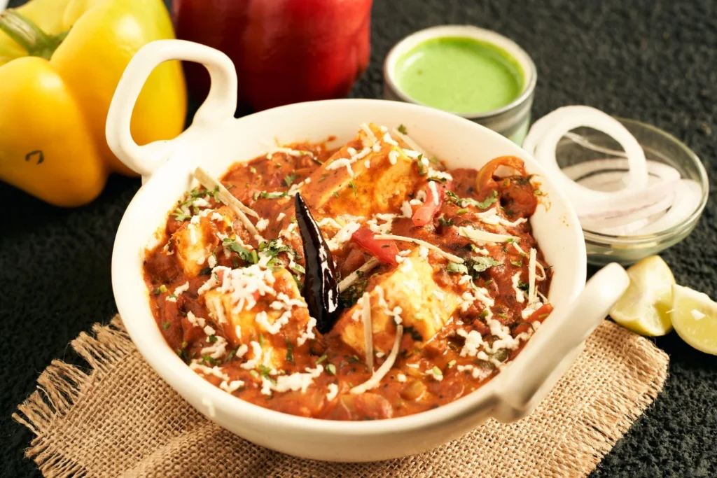 Ingredients for paneer jalfrezi including fresh peppers and paneer