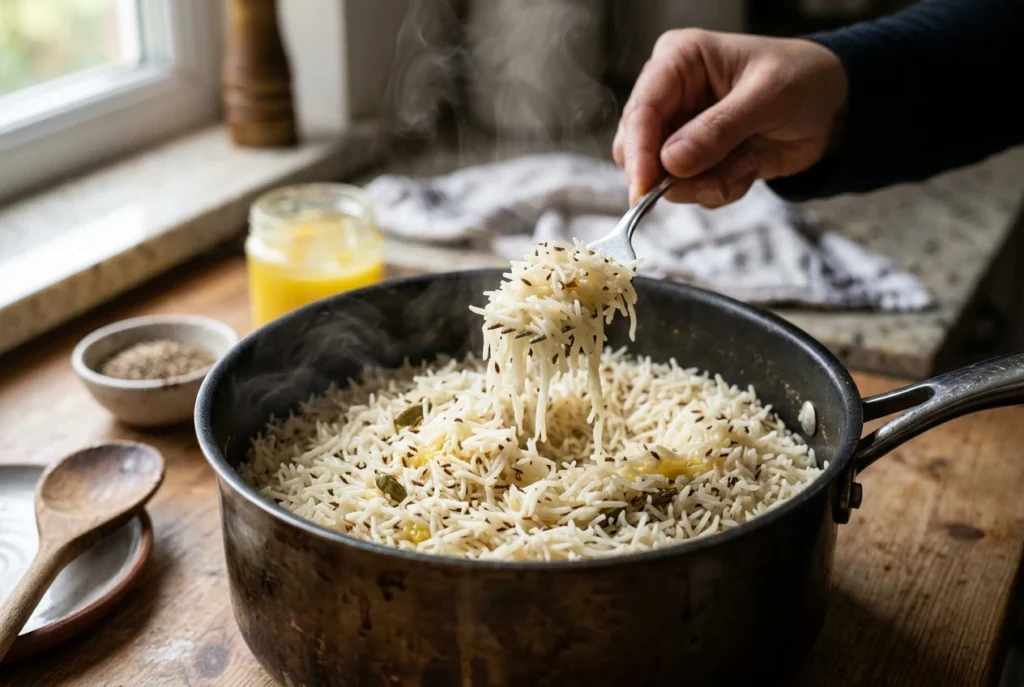 Gently fluffing hot, steaming jeera basmati rice with a dinner fork to reveal long, separate, unbroken grains
