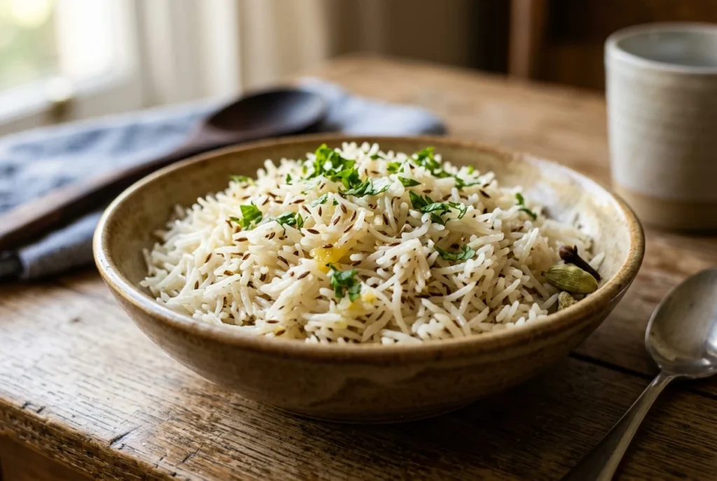 Fluffy, separate grains of restaurant-style jeera basmati rice in a rustic ceramic bowl with toasted cumin seeds, cilantro, and whole cardamom