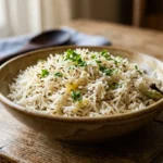 Fluffy, separate grains of restaurant-style jeera basmati rice in a rustic ceramic bowl with toasted cumin seeds, cilantro, and whole cardamom