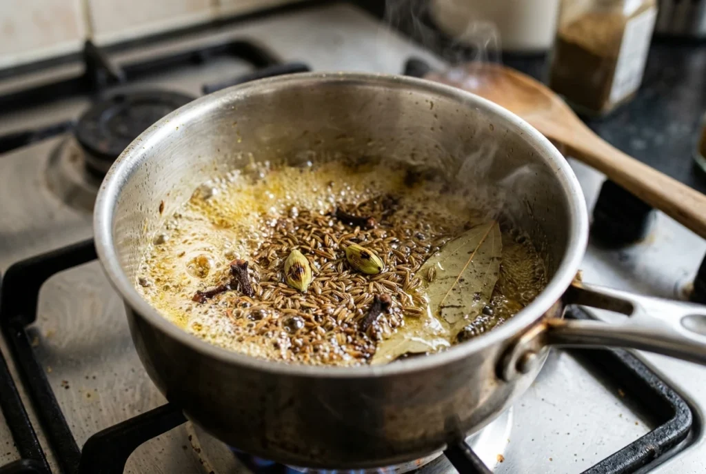 Whole cumin seeds, cardamom pods, cloves, and bay leaf sizzling and blooming in melted ghee inside a saucepan