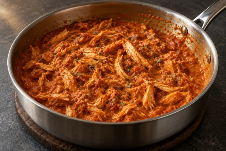 Shredded rotisserie chicken butter chicken in a stainless-steel saucepan