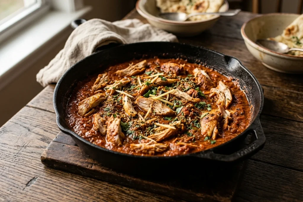 Tender shredded rotisserie chicken in a rich terracotta tikka masala curry served in a cast iron skillet with ginger matchsticks and cilantro