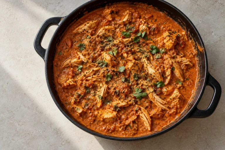 Rotisserie chicken tikka masala in a black skillet with fenugreek and cilantro