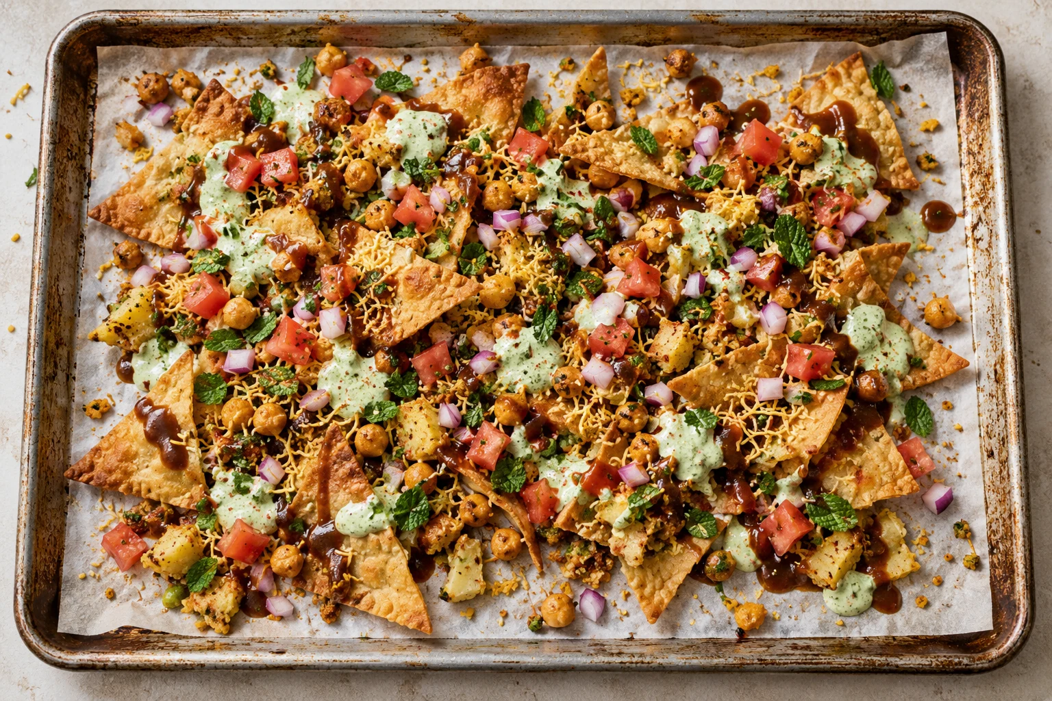 Loaded samosa chaat nachos on a parchment-lined sheet pan