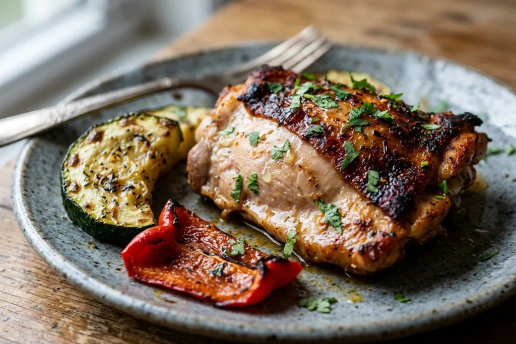Macro close-up of blistered tandoori chicken thigh edge, charred red onion petal, and roasted zucchini slice