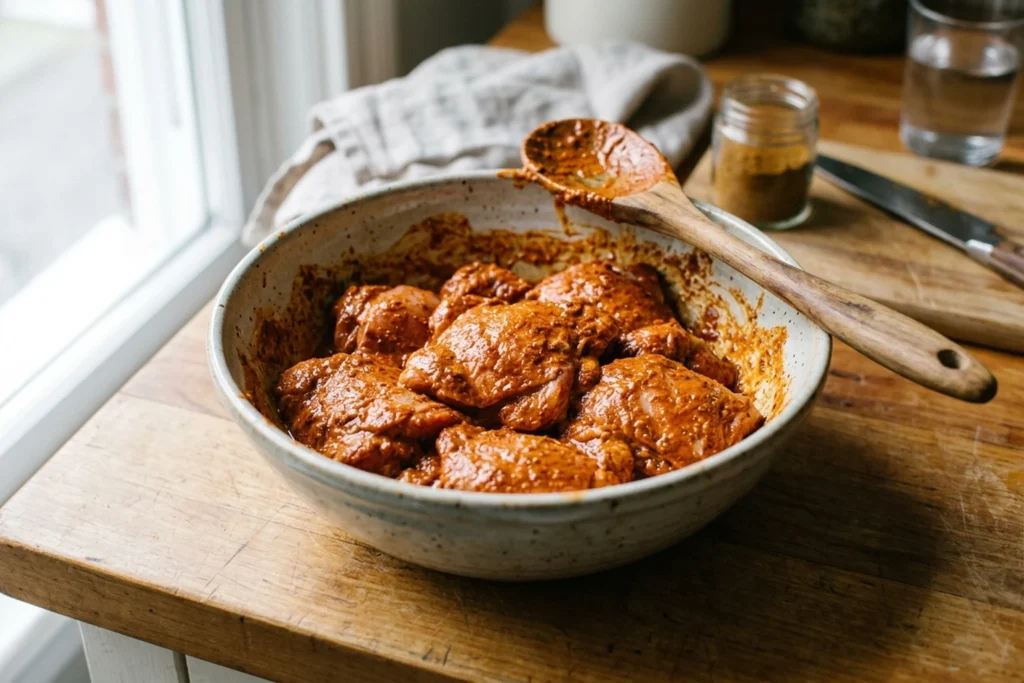 Chicken thigh pieces receiving a thin yogurt-spice coating in a stainless prep bowl