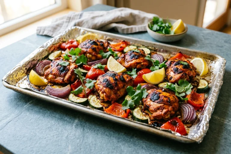 Sheet pan tandoori chicken thighs with roasted red bell peppers, zucchini, red onion wedges, cilantro, and lemon on a rimmed baking sheet
