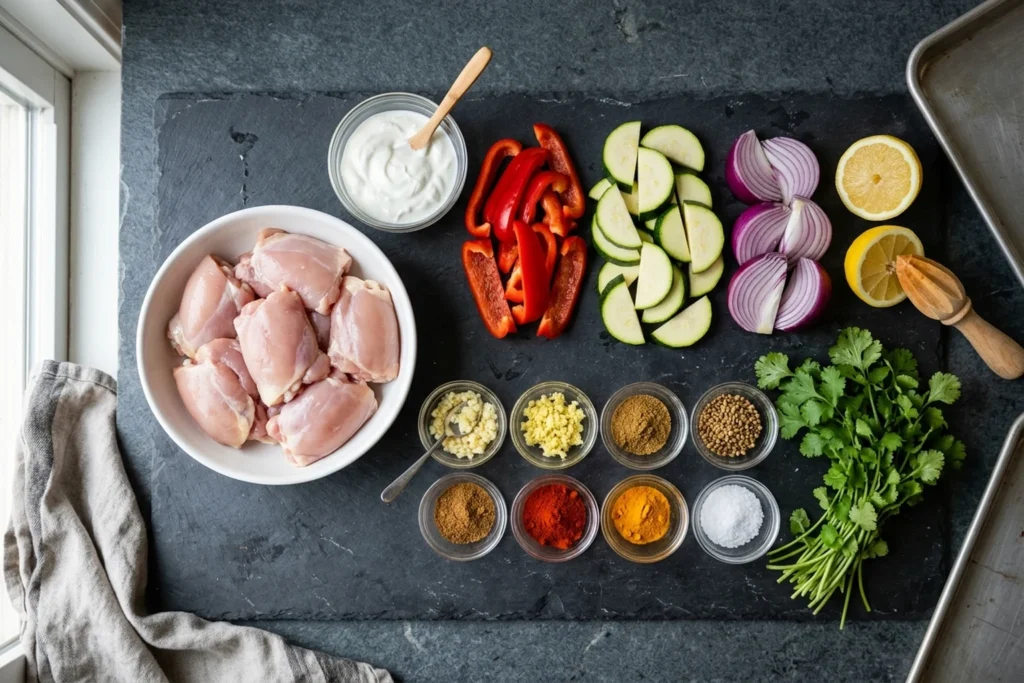 Ingredients for sheet-pan tandoori chicken: chicken thighs, Greek yogurt, bell pepper, zucchini, red onion, ginger, garlic, spices, and lemon