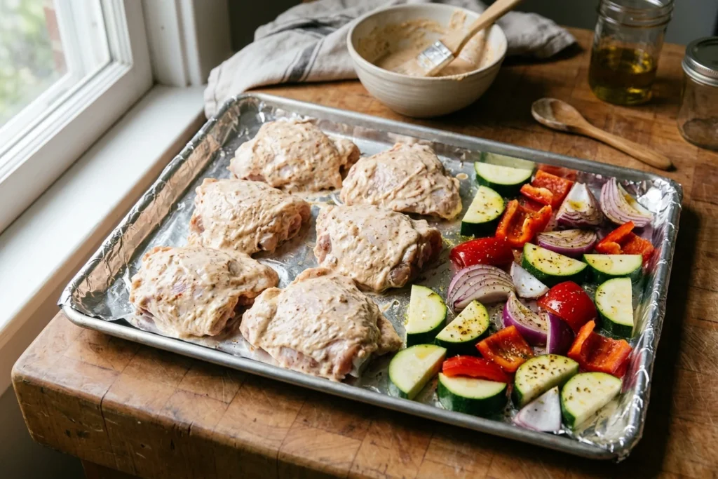 Marinated chicken thighs and spaced vegetables arranged on a foil-lined rimmed sheet pan before baking