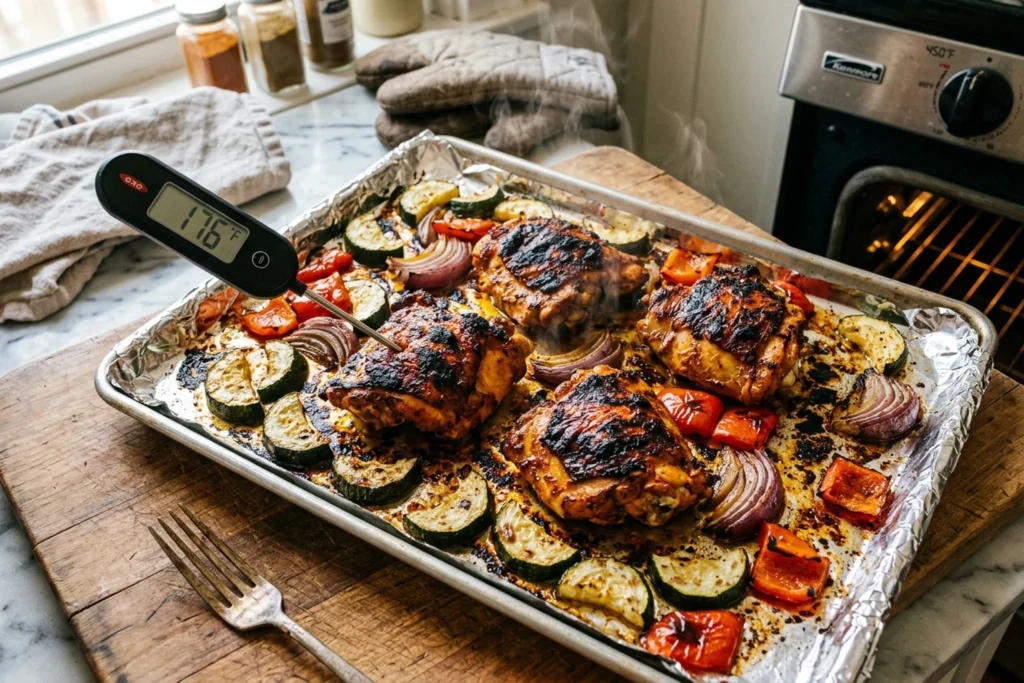Golden-roasted chicken thighs and blistered vegetables hot from the 450°F oven on the sheet pan