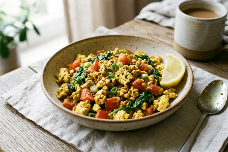 Spiced tofu bhurji scramble with crumbled tofu curds, diced tomatoes, baby spinach, cumin seeds, and lemon in a stoneware bowl