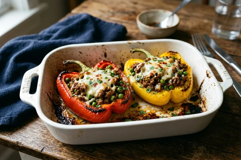 Indian spiced ground turkey keema stuffed bell peppers with green peas and melted cheese in an enameled white rectangular baking dish on dark wood