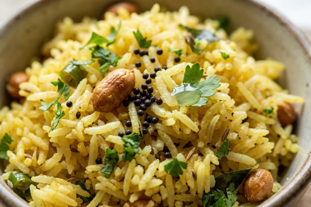Macro close-up of distinct yellow basmati grains, crunchy toasted peanut, and scattered mustard seeds