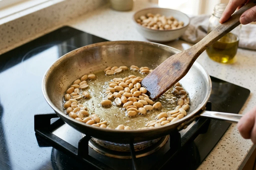 Raw peanuts toasting to a light golden-brown in shimmering oil in a 12-inch skillet