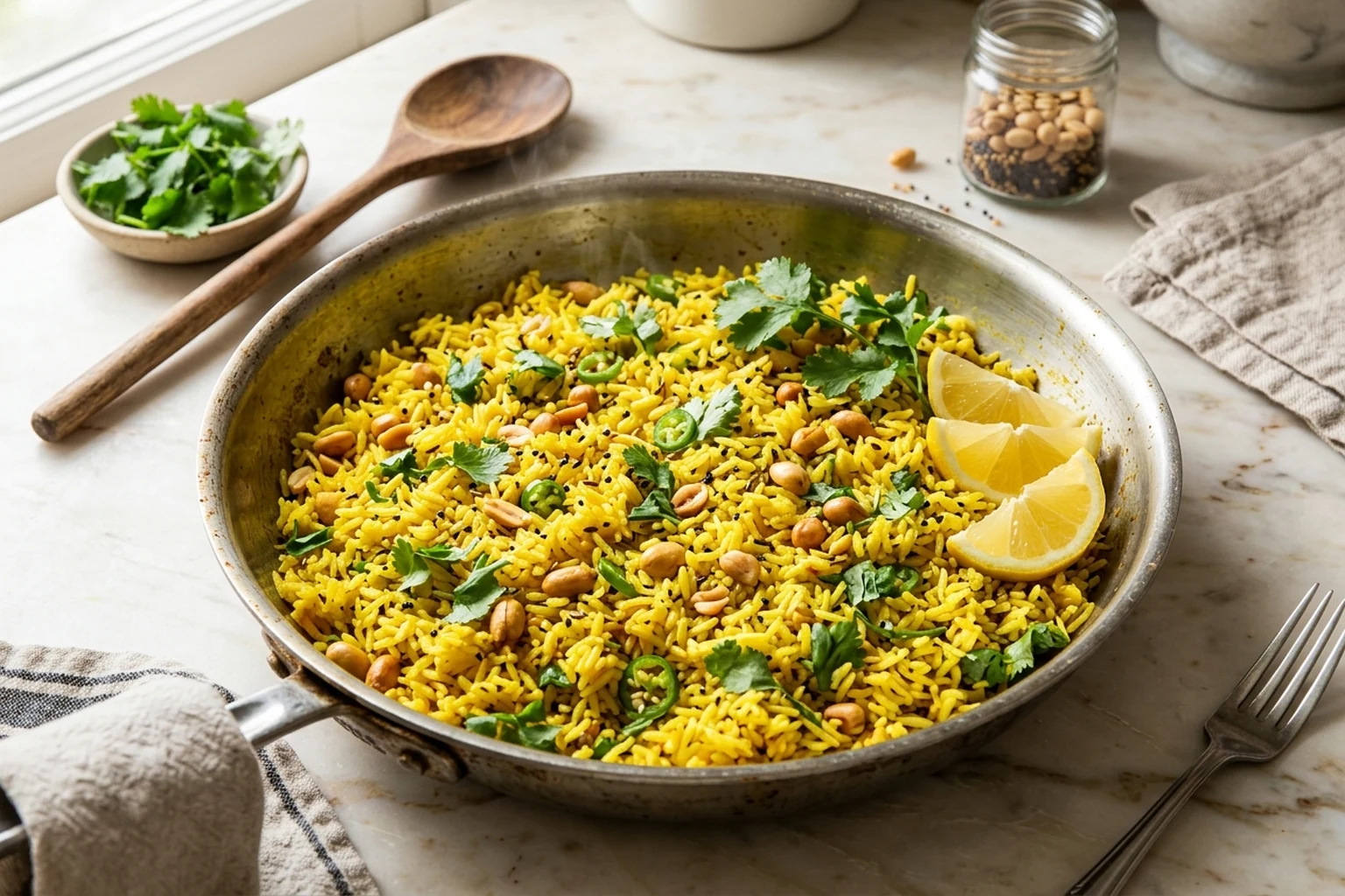Vibrant turmeric lemon rice in a stainless skillet with golden toasted peanuts, popped mustard seeds, and fresh cilantro