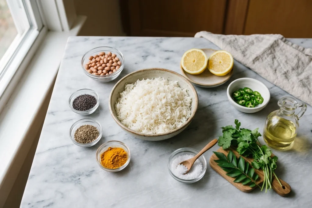 Ingredients for lemon rice: cold cooked basmati rice, peanuts, mustard seeds, cumin seeds, turmeric, lemon, cilantro, and chile