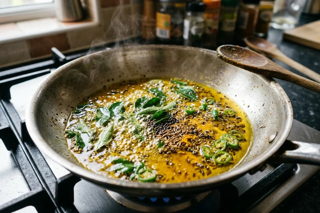 Mustard seeds, cumin, serrano chile, and curry leaves blooming in hot oil in the pan