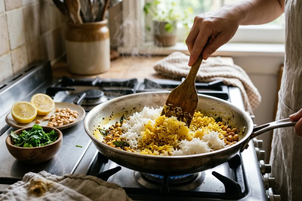 Cold cooked basmati rice being gently tossed with yellow turmeric oil in the skillet